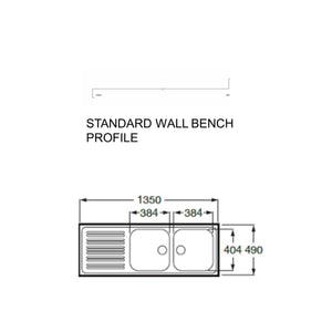 Commercial Two Bowl Single Drainer Kitchen Sink 1350X490MM (SP0097) STANDARD WALL BENCH PROFILE