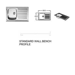 Commercial/Catering   single Bowl Single Drainer Kitchen Sink 800 X 600MM (SP0118) STANDARD WALL BENCH PROFILE