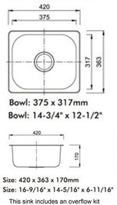 420 x 363mm Brushed Stainless Steel Inset Kitchen Sink (A11 BS)