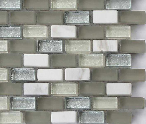 Sample of White, Grey and Silver Glass & Stone Brick Shape Mosaic Tile Sheet (MT0124)