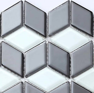 Retro Kitchen and Bathroom Black & White 3D Cubes Glass Mosaic Tiles (MT0083)