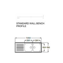 Load image into Gallery viewer, Commercial/Catering  Two Bowl Single Drainer Kitchen Sink 1350X490MM (SP0098) STANDARD WALL BENCH PROFILE
