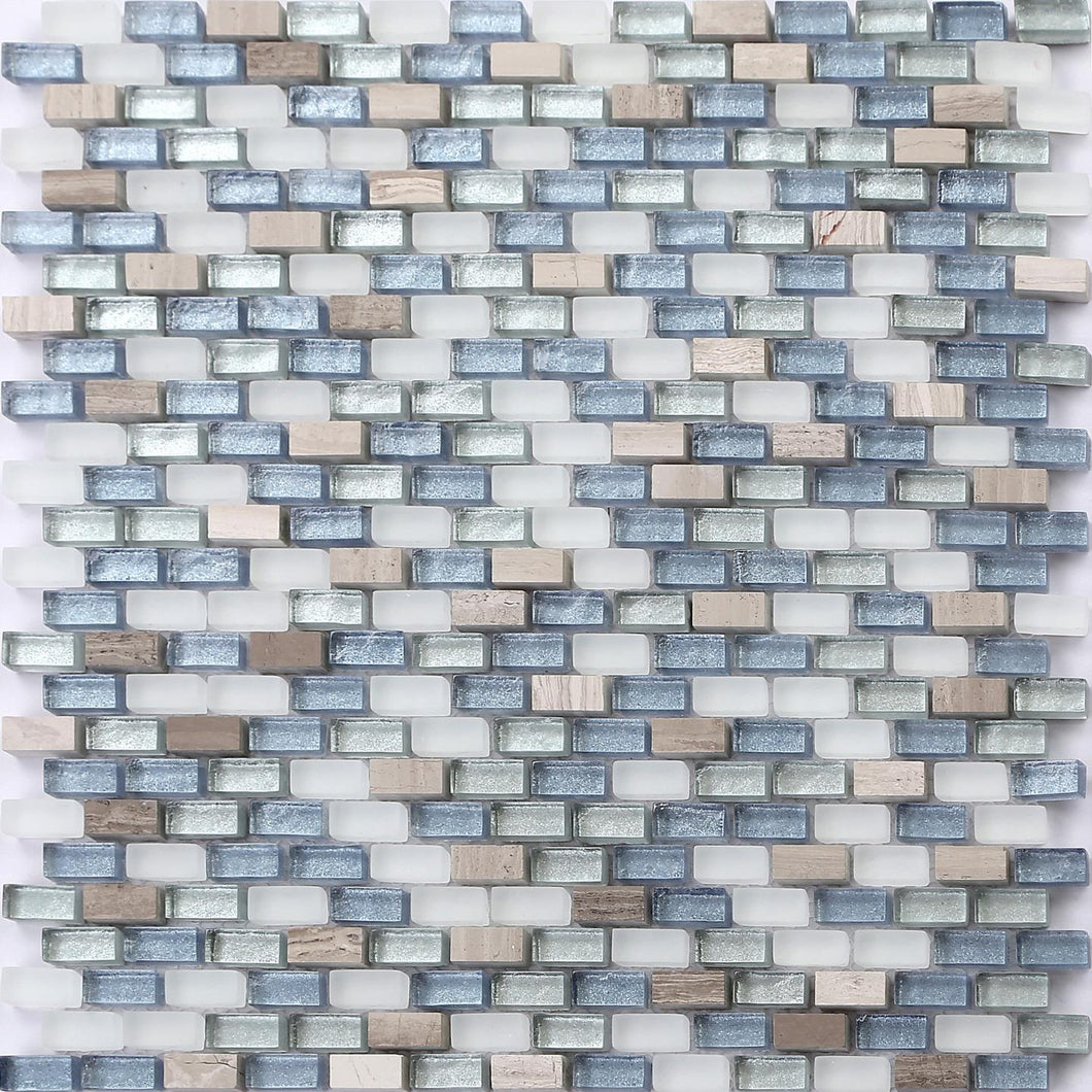 Clearance 45 Square Metres of White, Blue and Silver Glass & Natural Stone Brick Shape Mosaic Tiles (MT0125 SQM)
