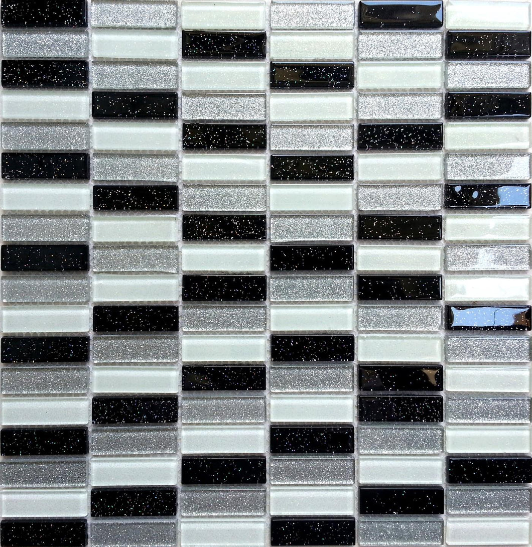 CLEARANCE 117 Square Metres of Black, Silver & White Glitter Glass Brick Mosaic Tiles (MT0028 SQM