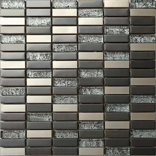 Black & Silver Brushed Stainless Steel & Asian Pattern Glass Mosaic Tiles (MT0102)