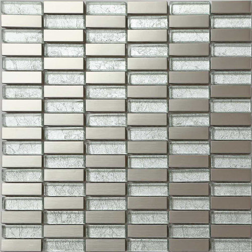 Brushed Silver Stainless Steel & Silver Asian Pattern Glass Mosaic Tiles (MT0103)