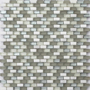 Sample of White, Grey and Silver Glass & Stone Brick Shape Mosaic Tile Sheet (MT0124)