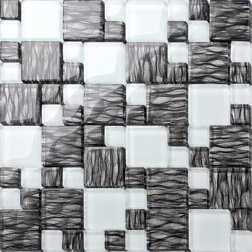 Black With Silver Backing & White Modular Mix Mosaic Tiles (MT0077)
