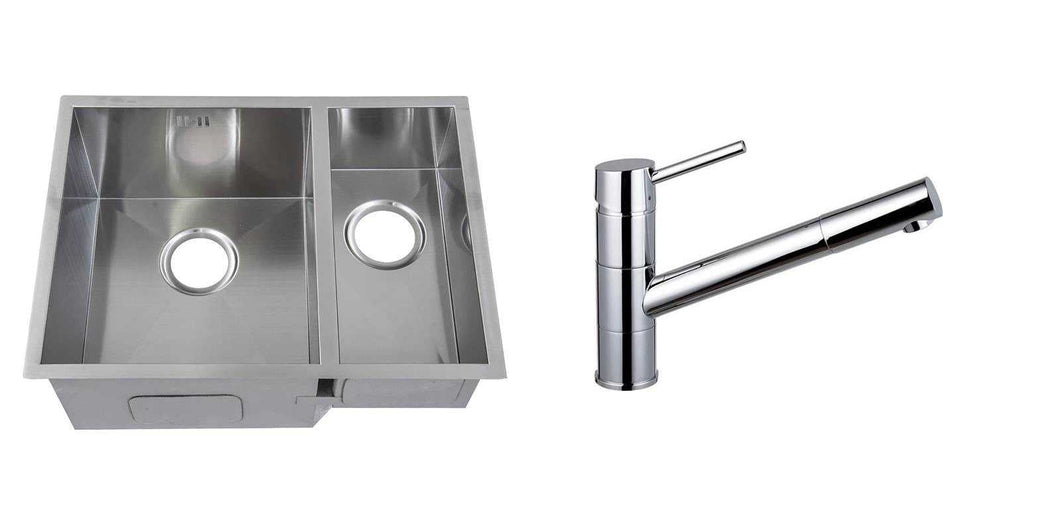 Set of 585 x 440 mm Square Undermount 1.5 Bowl Handmade Satin Stainless Steel Kitchen Sink + Kitchen Mixer Tap (KST158)