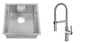 Set of 440 x 440 mm Square Undermount Deep Single Bowl Handmade Satin Stainless Steel Kitchen Sink With Waste + Kitchen Mixer Tap (KST145)