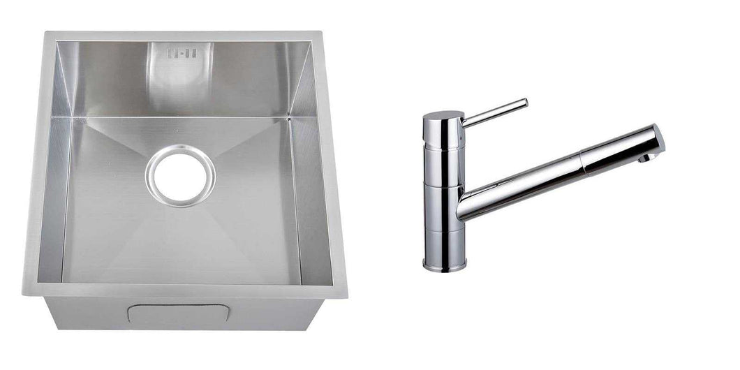 Set of 440 x 440 mm Square Undermount 1.0 Bowl Handmade Satin Stainless Steel Kitchen Sink + Kitchen Mixer Tap (KST155)