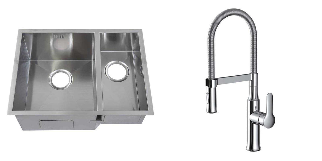 Set of 585 x 440 mm Square Undermount 1.5 Bowl Handmade Satin Stainless Steel Kitchen Sink + Kitchen Mixer Tap (KST148)