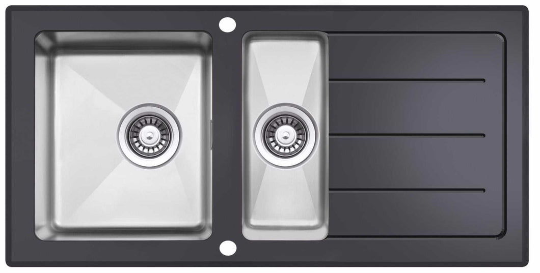 1000 x 500mm Reversible Black Glass & Stainless Steel 1.5 Bowl Sink (LA011)