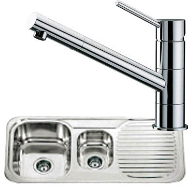 Polished Inset Reversible 1.5 Bowl Stainless Steel Kitchen Sink & Kitchen Mixer Tap (KST030)