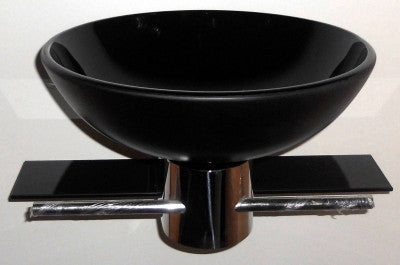 420mm Round Wall Mount Black Glass Basin + Stainless Steel Tower Rail & Shelve (B0022)