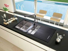 Load image into Gallery viewer, 1000 x 500mm Reversible Black Glass &amp; Stainless Steel 1.5 Bowl Sink (LA011)
