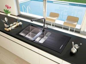 1000 x 500mm Reversible Black Glass & Stainless Steel 1.5 Bowl Sink (LA011)
