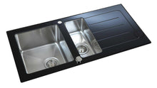 Load image into Gallery viewer, 1000 x 500mm Reversible Black Glass &amp; Stainless Steel 1.5 Bowl Sink (LA011)
