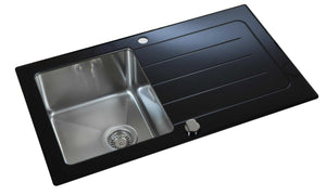 860 x 500mm Reversible Black Glass & Stainless Steel Sink With Drainer (LA012)