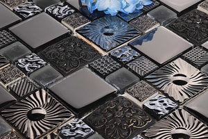 Black and Silver Patterned Glass and Steel Mosaic Tile (MT0149)