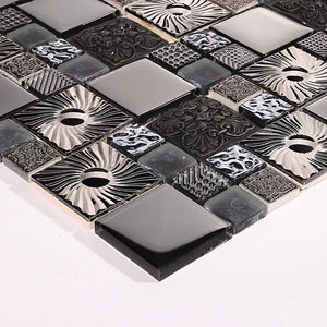 Black and Silver Patterned Glass and Steel Mosaic Tile (MT0149)