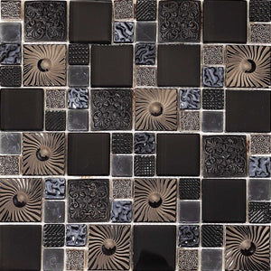 Sample of Black and Silver Patterned Glass and Ceramic Mosaic Tile (MT0149)