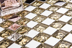 Polished Stainless Steel & Patterned Gold Glass Mosaic Tiles (MT0157)