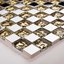Load image into Gallery viewer, Sample of Polished Stainless Steel and Patterned Gold Glass Mosaic Tile Sheet (MT0157)
