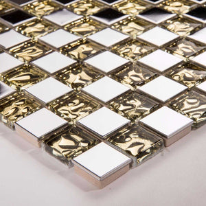 Sample of Polished Stainless Steel and Patterned Gold Glass Mosaic Tile Sheet (MT0157)