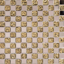 Load image into Gallery viewer, Sample of Polished Stainless Steel and Patterned Gold Glass Mosaic Tile Sheet (MT0157)
