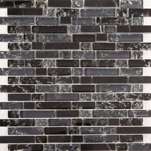 Sample of Black and Grey Glass & Black Stone Brick Shape Mosaic Tiles Sheet (MT0155)