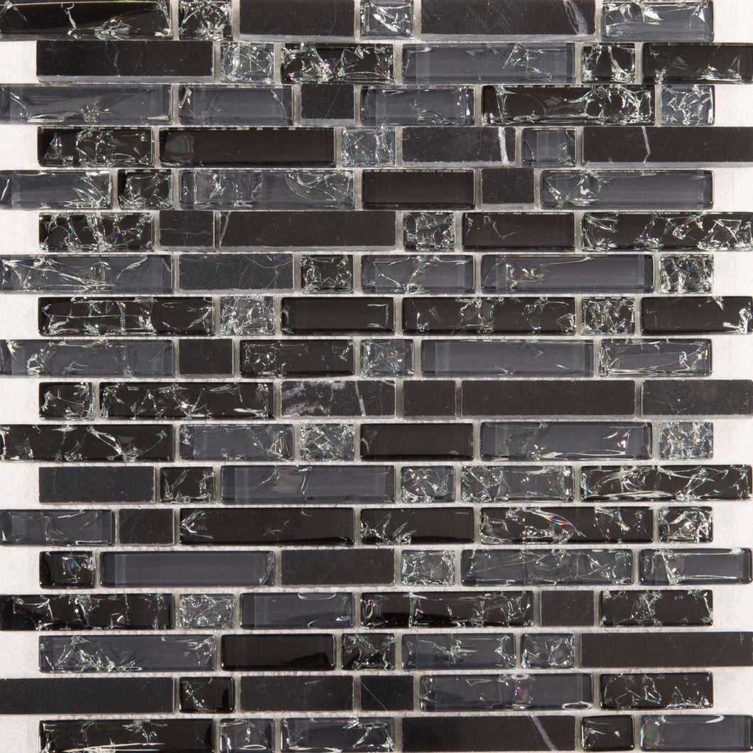Black and Grey Glass & Black Stone Brick Shape Mosaic Tiles (MT0155)
