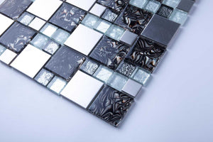 Sample of White & Silver Glass with Steel Bathroom Kitchen Mosaic Tile (MT0164)