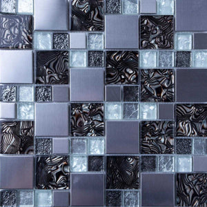 Sample of White & Silver Glass with Steel Bathroom Kitchen Mosaic Tile (MT0164)