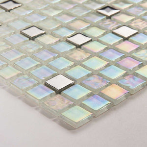 White Iridescent Textured and Smooth Glass Mosaic Tiles (MT0143)