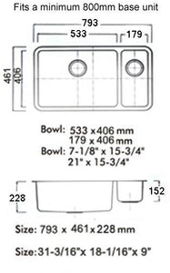 793 x 461mm Brushed Undermount 1.5 Bowl Stainless Steel Kitchen Sink (D02)