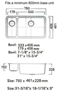 793 x 461mm Brushed Undermount 1.5 Bowl Stainless Steel Kitchen Sink (D02)