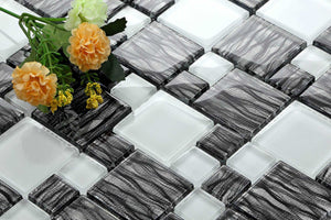 Sample of Black With Silver Backing & White Modular Mix Mosaic Tiles Sheet (MT0077)