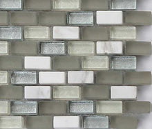 Load image into Gallery viewer, Sample of White, Grey and Silver Glass &amp; Stone Brick Shape Mosaic Tile Sheet (MT0124)

