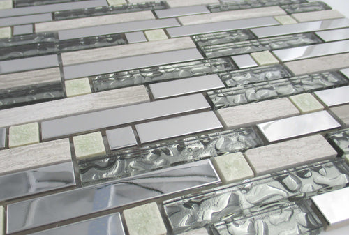 Polished Steel, Natural Stone & Silver Glass Brick Shape Mosaic Tiles (MT0146)
