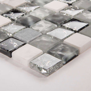 Sample of Black & Grey Crackled Glass and Stone Bathroom Kitchen Mosaic Tile (MT0152)