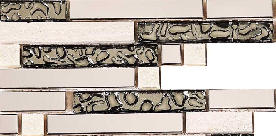Sample of Polished Steel, Natural Stone and Silver Glass Brick Shape Mosaic Tile Sheet (MT0146)