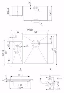 600 x 480mm Undermount 1.5 Bowl Handmade Satin Stainless Steel Kitchen Sink (DS034)